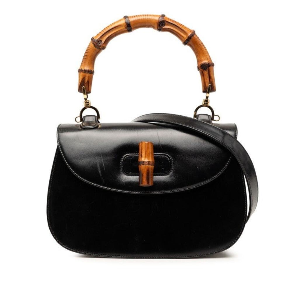 Gucci Bamboo Shoulder Bag Calf Leather Handbag Black